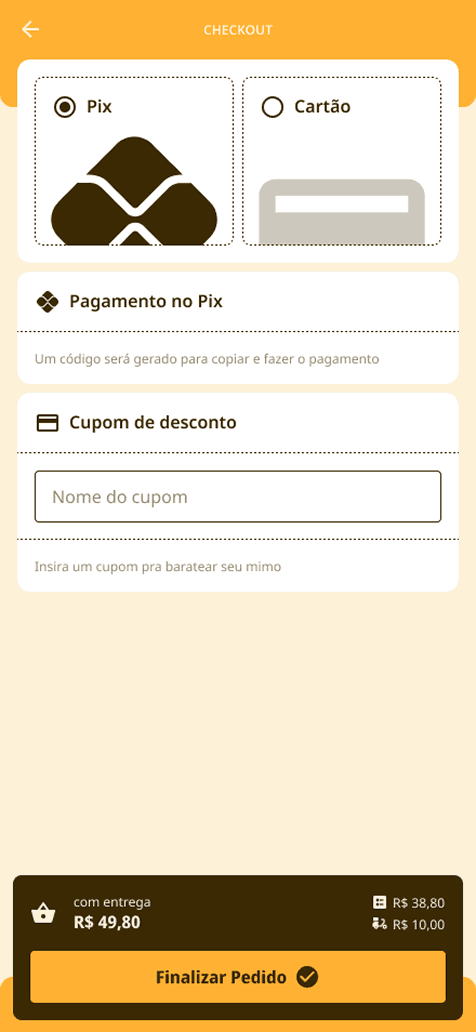 O checkout com Pix ou cartão, campo de cupom e o total do pedido