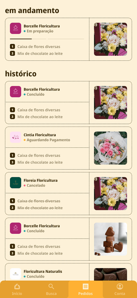 Os pedidos do cliente, separados entre em andamento e histórico