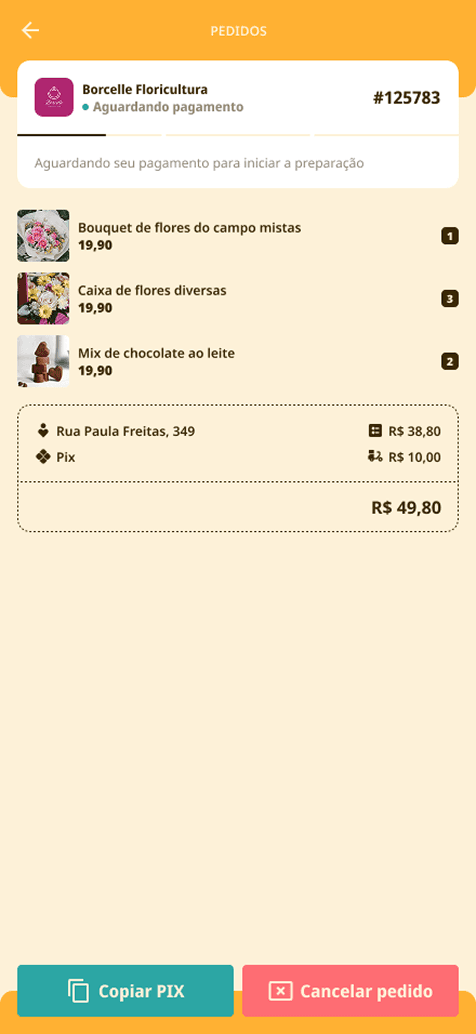 Um pedido aguardando pagamento, com os itens, o endereço e o botão de copiar o Pix