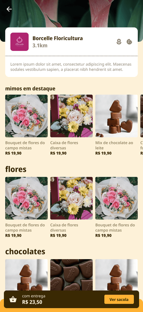 A página de uma floricultura dentro do app, com destaques, flores e chocolates