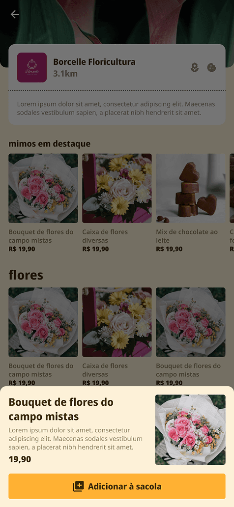A ficha de um produto aberta sobre a página da loja, com preço e botão de adicionar à sacola