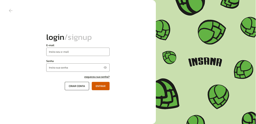 A tela de login da Insana, dividida contra um padrão de lúpulo