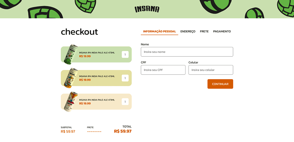 O checkout sob medida da Insana, com o carrinho, as etapas e o total