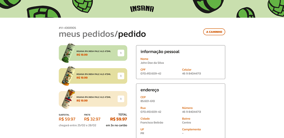 O acompanhamento de pedido da Insana, com uma entrega a caminho