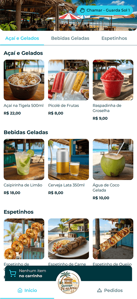 The menu opened from the QR code at sunshade 1, with a button to call service over