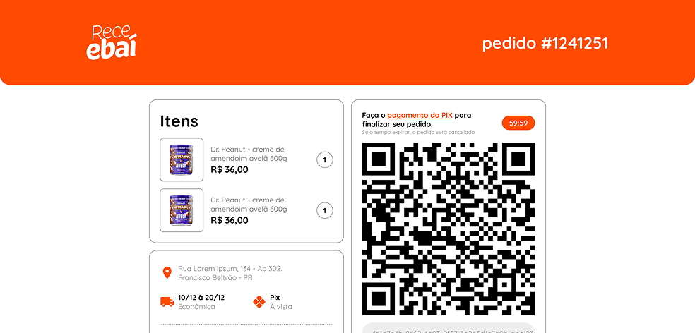 Um pedido confirmado na Receebaí, com QR code do Pix, endereço e prazo de entrega