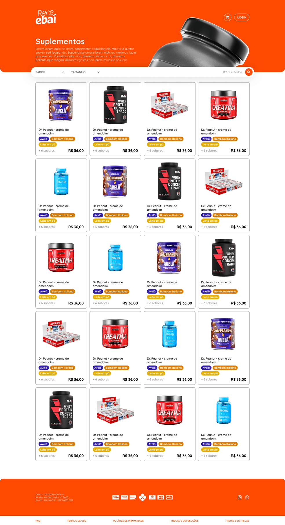 A categoria de suplementos da Receebaí, com seus filtros e a grade de produtos