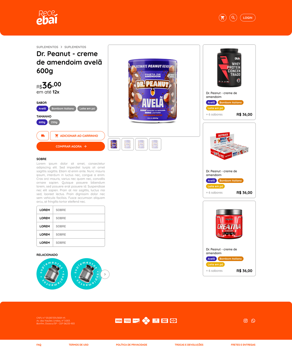 Uma página de produto da Receebaí, com opções de sabor e tamanho e itens relacionados