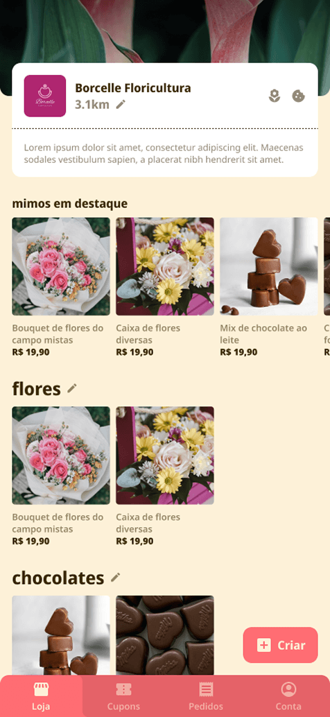 O mesmo app logado como loja: o catálogo editável, no rosa do lado da loja