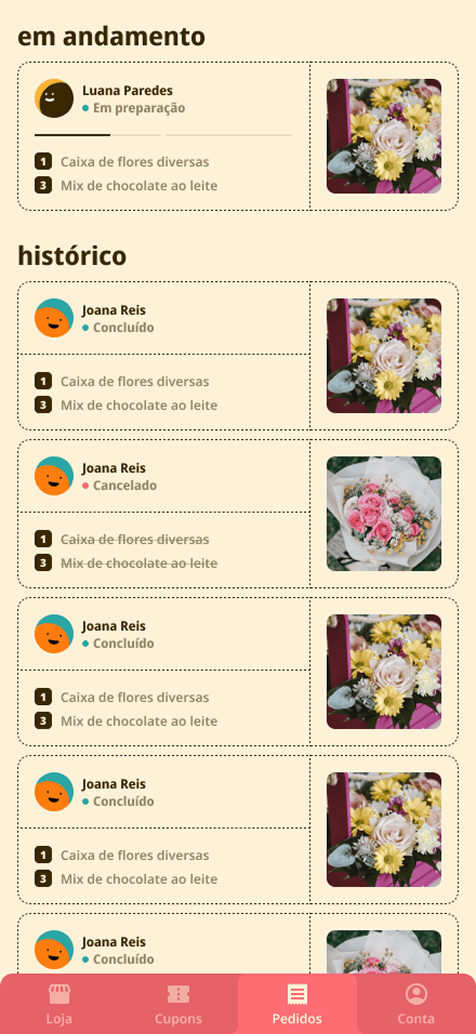 Os pedidos que chegam do lado da loja, listados por cliente e status