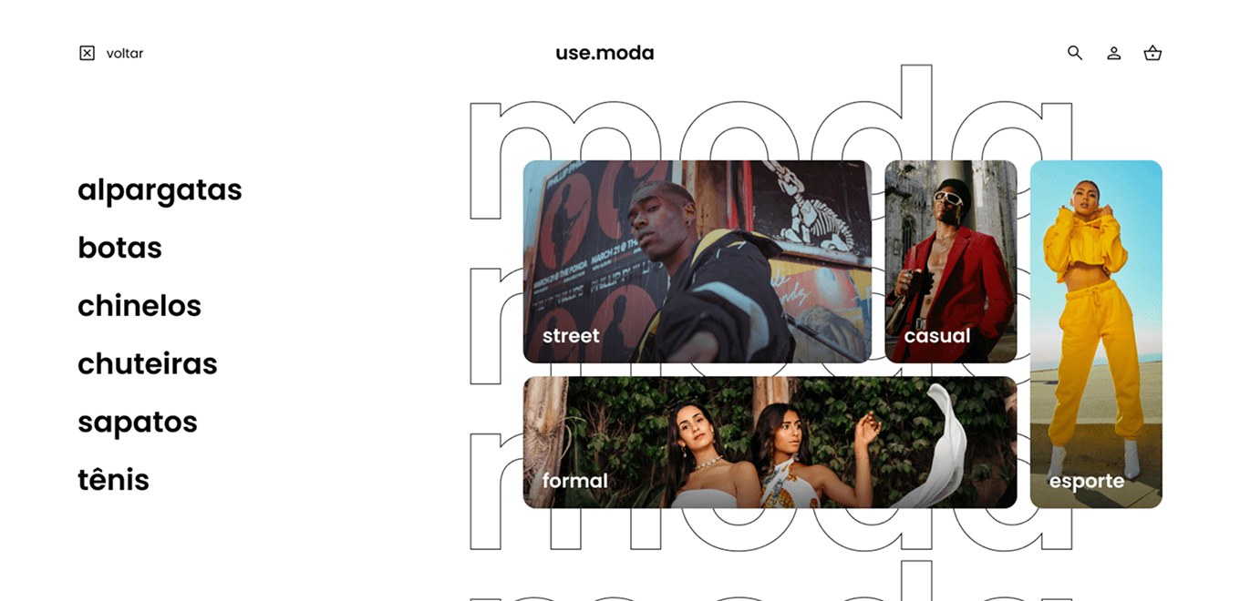 O menu da use.moda, com a lista de categorias ao lado de uma grade de estilos