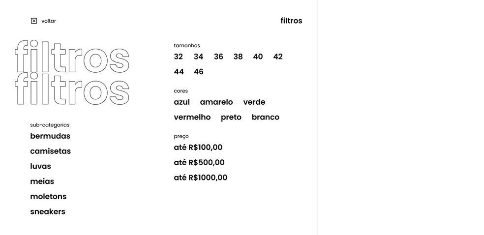 O painel de filtros: tamanhos, cores, sub-categorias e preço
